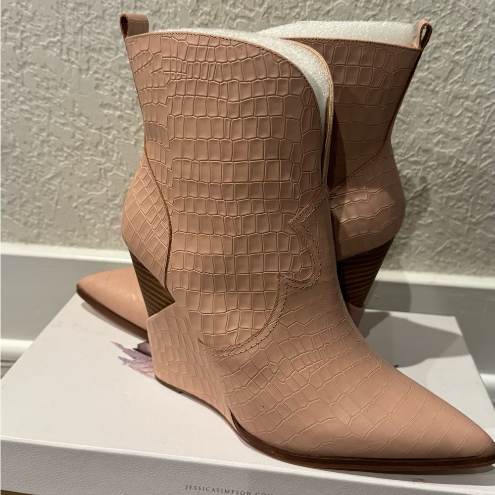 Pinkish Nude snakeskin wedge boots